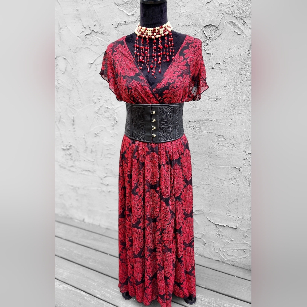 Gothic Long Red & Black Paisley Print Flutter Sleeve Faux Wrap Dress - Picture 2 of 4